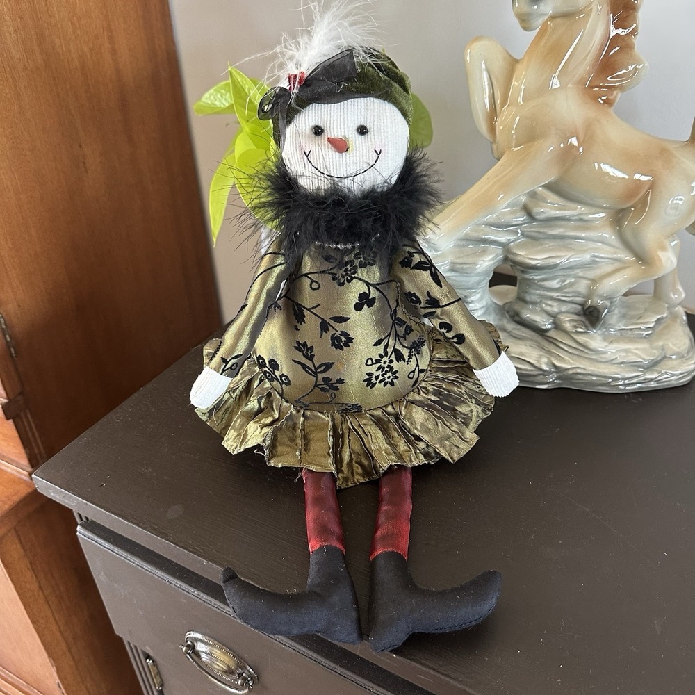 VTG Snowman Snow Lady Feathers Fancy Green Satin Dress Weighted Christmas Decor